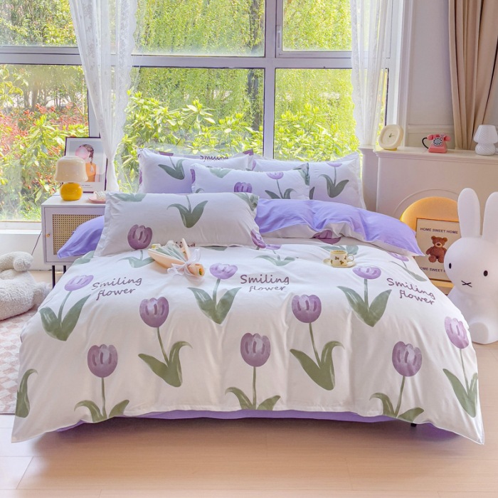 New Brushed Four-Piece Set Thickening Bed Sheet Quilt Cover Summer Washed Cotton Student Three-Piece Set Bedding Wholesale