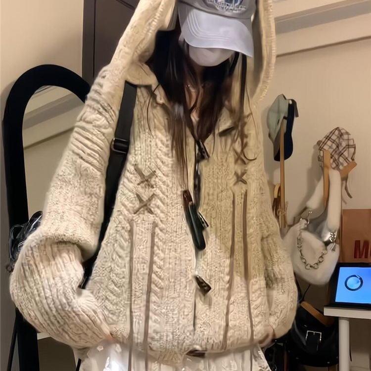 美式复古兔耳朵牛角扣连帽毛衣女秋冬宽松显瘦慵懒风针织开衫外套