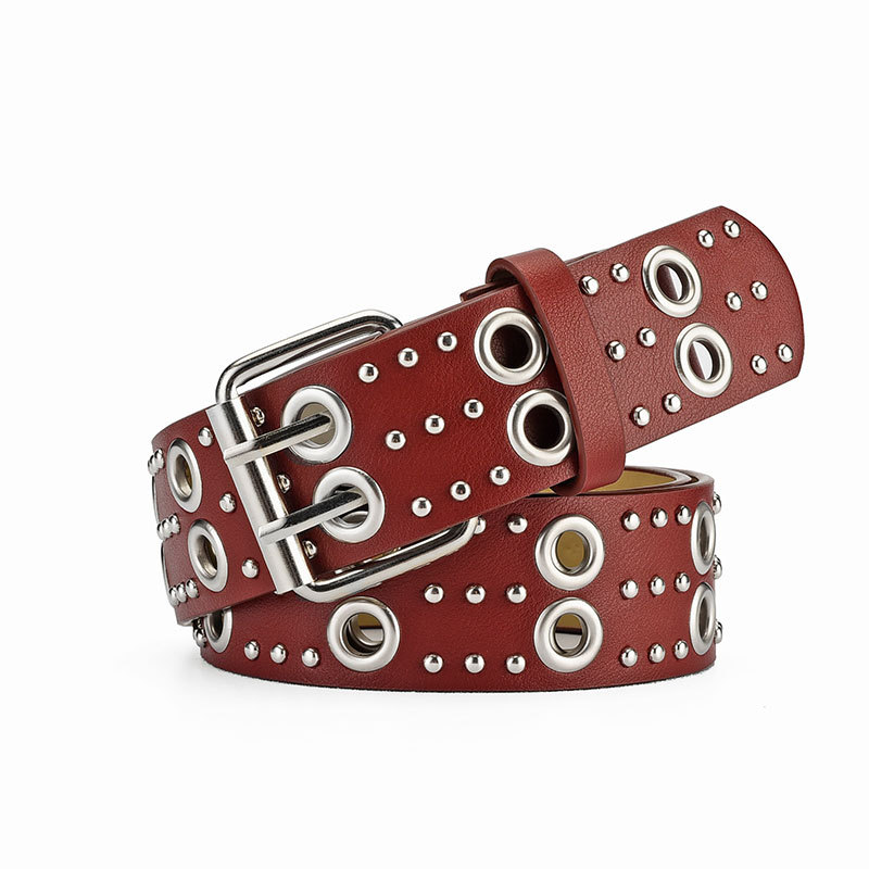 European and American Punk Hollow-out Rivets Belt Men and Women All-Matching Trendy Double Row Pin Buckle Belt for Women Special Decoration New