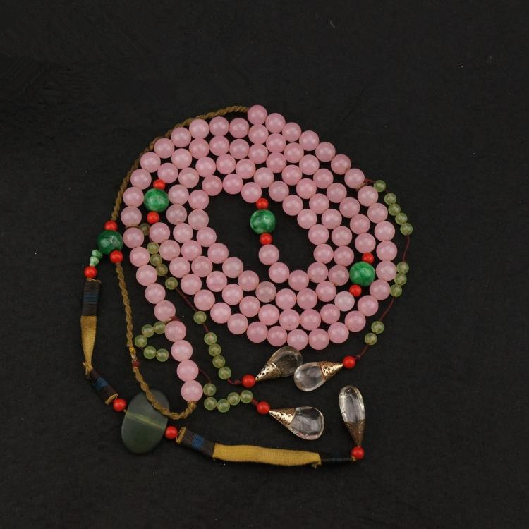 古玩杂项 仿古老朝珠 粉玛瑙朝珠 108佛珠项链 琉璃配饰-阿里巴巴