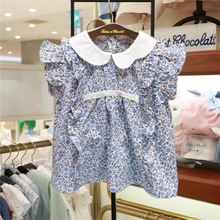 2024夏季新款儿童裙式蓝碎花上衣短袖白色小翻领可爱甜美上衣