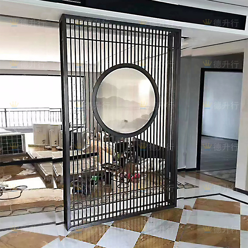 前台别墅茶室办公室背景墙装饰隔断新中式圆形不锈钢假山屏风06385