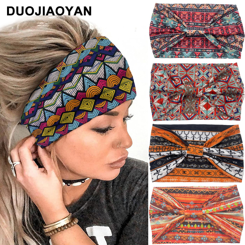 amazon new african print pattern elastic wide-brimmed knotted hair band sports yoga cross hair band wholesale