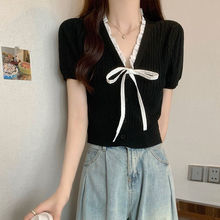 韩版甜美短袖针织V领蕾丝花边蝴蝶结系带设计时尚减龄上衣女夏季