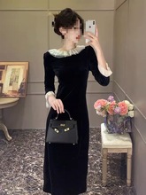 法式黑色长袖丝绒连衣裙高端轻奢小众新款赫本风高级感生日礼服裙