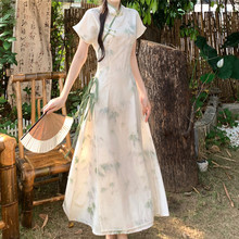 新中式日常少女绿色改良奥黛旗袍夏季大码温婉气质显瘦国风连衣裙