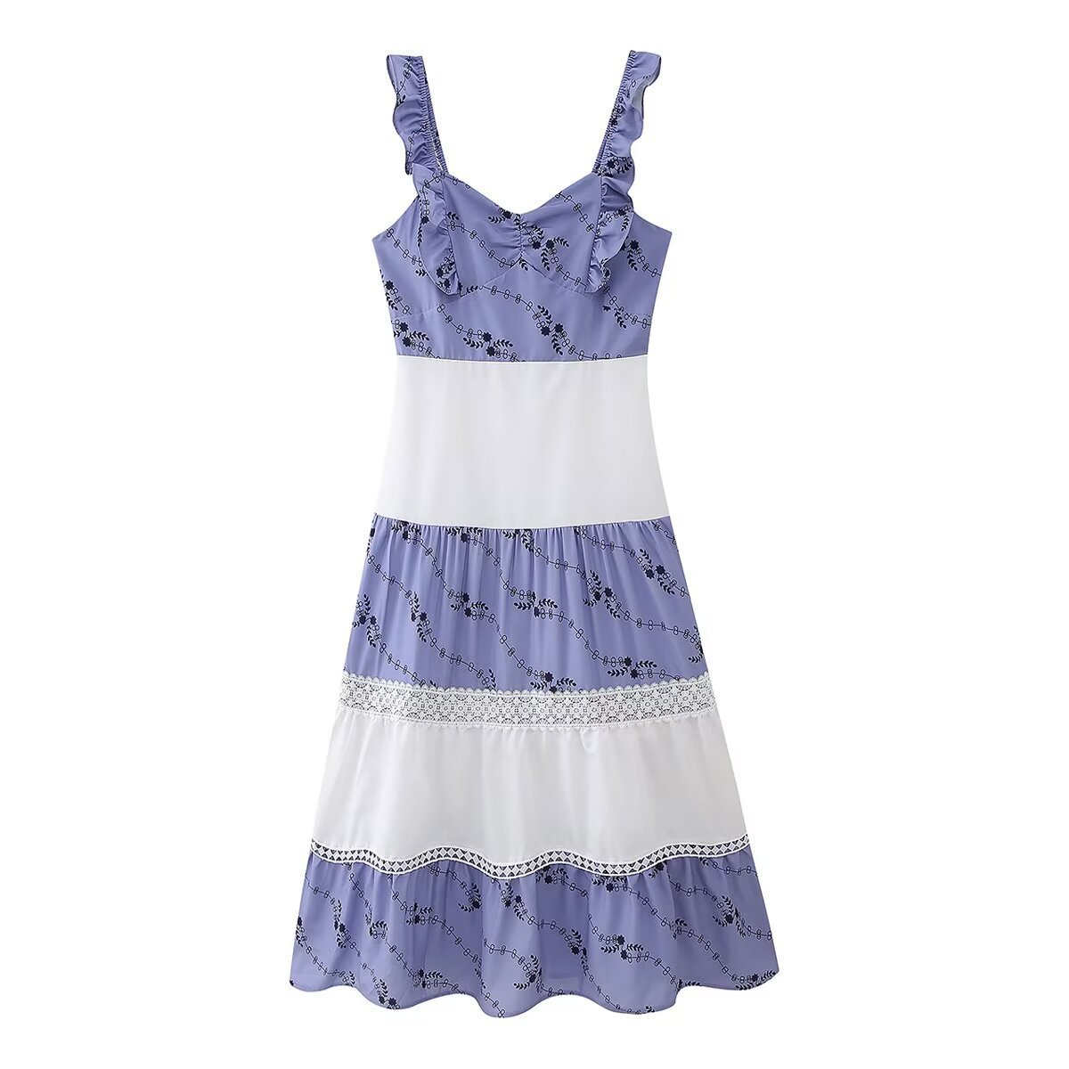 跨境外贸批发2024夏季新款欧美v领印花拼色露背蕾丝装饰连衣裙