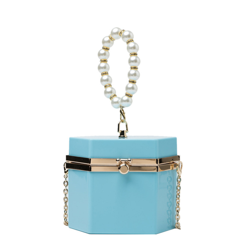 Internet Celebrity Same Candy Color Box Hexagonal Small Bag for Women 2023 New Fashion Cylindrical Pearl Chain Handbag