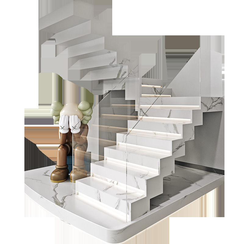 批发现代艺术悬浮钢结构堆叠式楼梯 钢化玻璃扶手 实木踏板岩板加