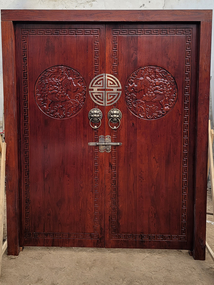 老榆木门板中式实木仿古双开进户大门别墅庭院复古雕刻老式门