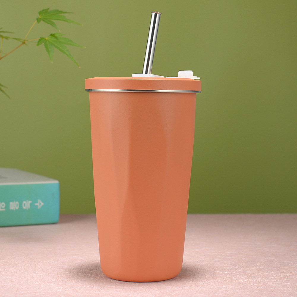 New Fashion Coffee Cup Creative Diamond Car Cup with Straw Solid Color 304 Stainless Steel Straw Vacuum Cup