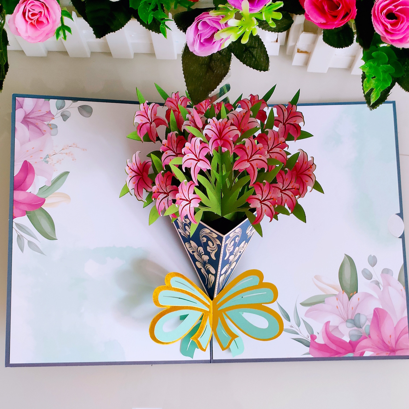 彩印百合花束教师节3d立体贺卡纸雕毕业卡片送恩师感恩祝福卡批发