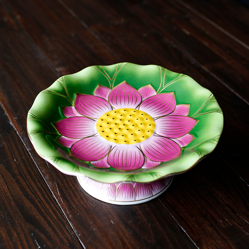 莲花供盘高脚果盘供佛陶瓷佛前贡盘佛堂神台上供观音家用果碟佛具