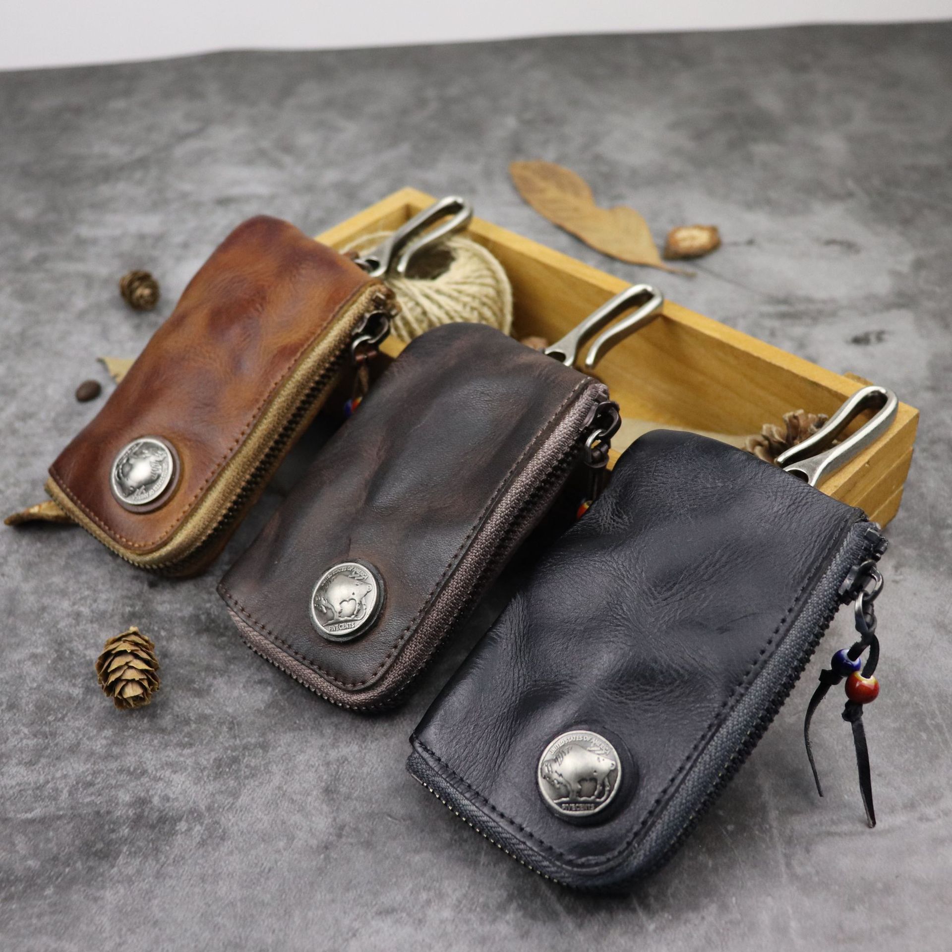 头层牛皮植鞣皮手工擦色做旧汽车钥匙包卡包男士复古朋克风钥匙包