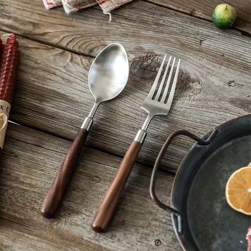 Cross-Border Walnut Western Spoon 304 Stainless Steel Spoon Good-looking Spoon Steak Knife and Fork Soup Spoon Spoon Fork