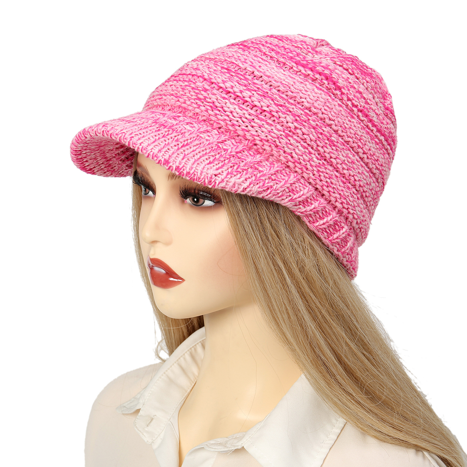 跨境速卖通新款 欧美彩线毛钱帽檐套头帽冬季女士保暖针织帽现货