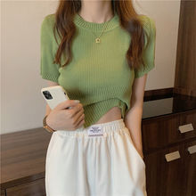 2021夏季女装新款冰丝短袖t恤女韩版宽松显瘦纯色针织衫上衣服潮