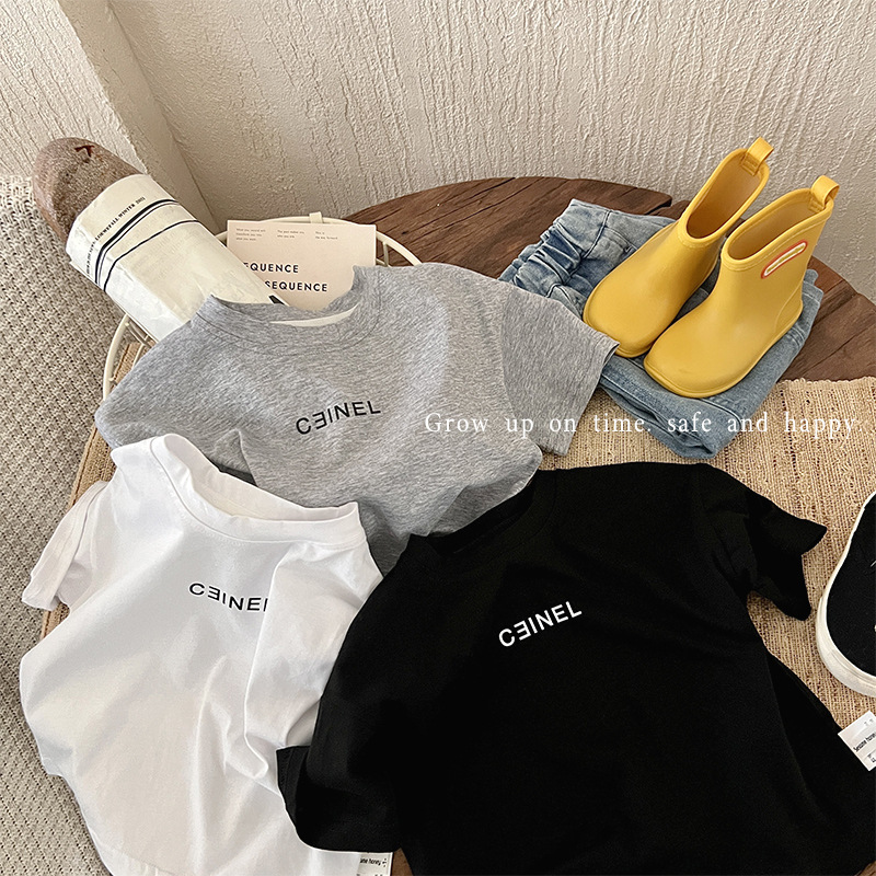 girls‘ basic bottoming shirt spring new baby western style short sleeve t-shirt korean style children‘s round neck letter top