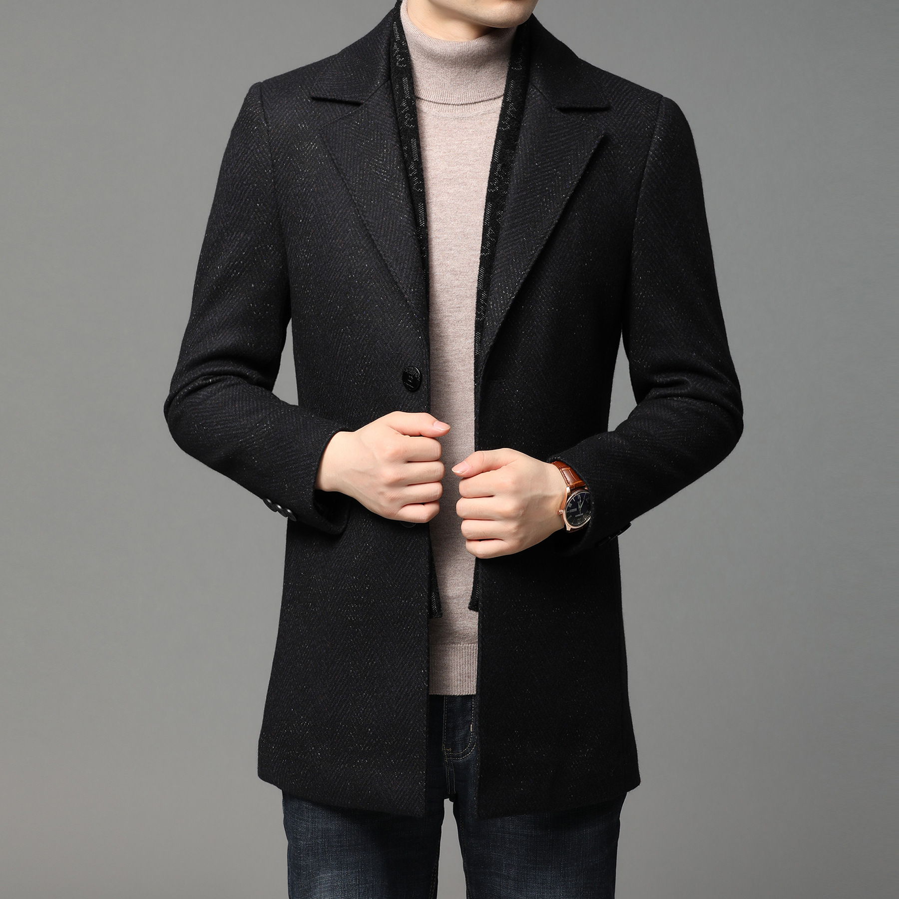 中长款风衣男2021新款中年毛呢子大衣爸爸装秋冬西装领羊毛厚外套