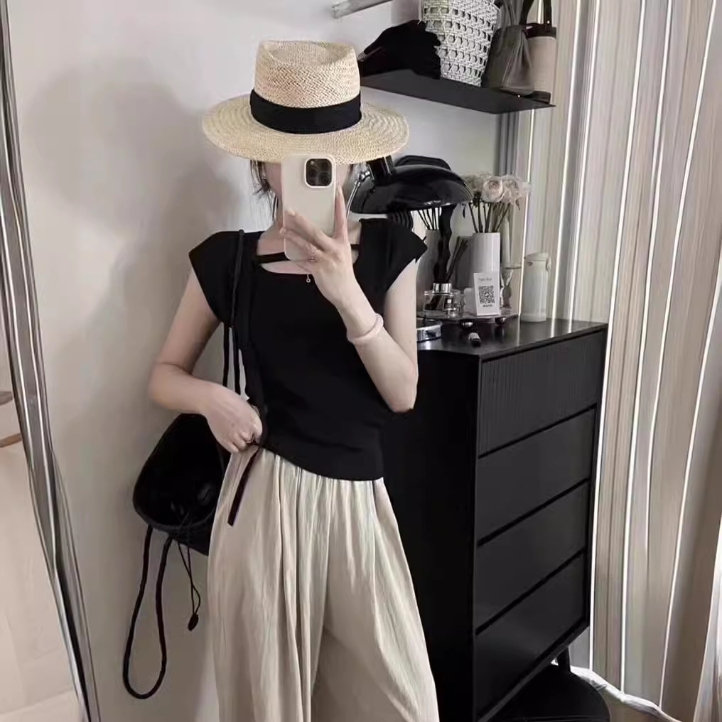 2024夏法式高级感气质方领小心机绑带装饰无袖薄款针织衫上衣女