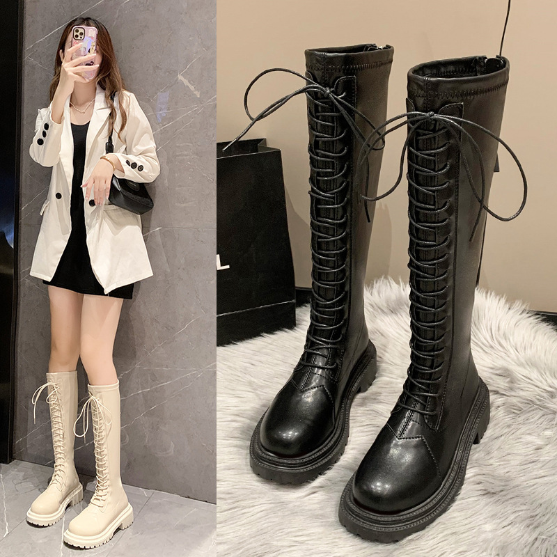 白色长筒靴女骑士靴2024春秋新款高筒马丁靴小个子厚底不过膝长靴