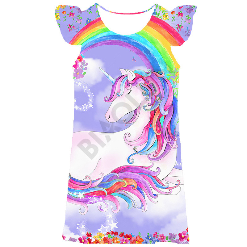 欧美女童连衣裙飞飞袖款式儿童短裙3d印花独角兽图案可爱公主裙