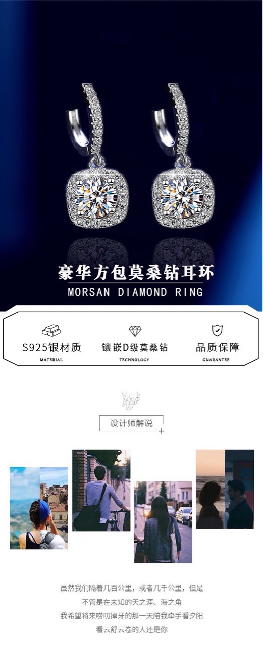 S925 Sterling Silver Luxury Square Bag Moissanite Earrings for Women Temperament Wild Luxury Inlaid Earrings Ins Special-Interest Design Ornament