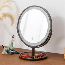复古化妆镜led带灯家用桌面非木质卧室台式梳妆镜学生宿舍镜子