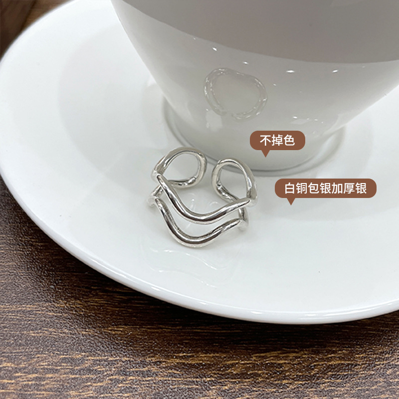 Zhiyun Double-Layer Wave Open-End Personality Ring Hip Hop Casual Niche 925 Sterling Silver Ring Female Non-Fading Wholesale