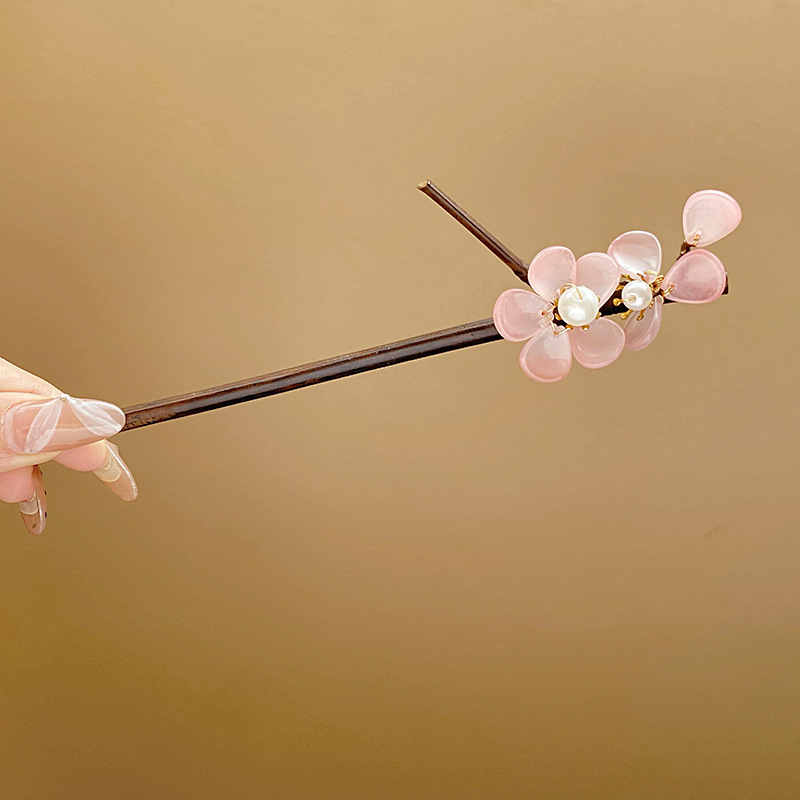 New Chinese Style Pearl Maple Leaf Bamboo Flower Wooden Hair Clasp Hairpin Antique Traditional Han Clothing Accessories Updo Hair Clasp Stylish Hair Accessories Female