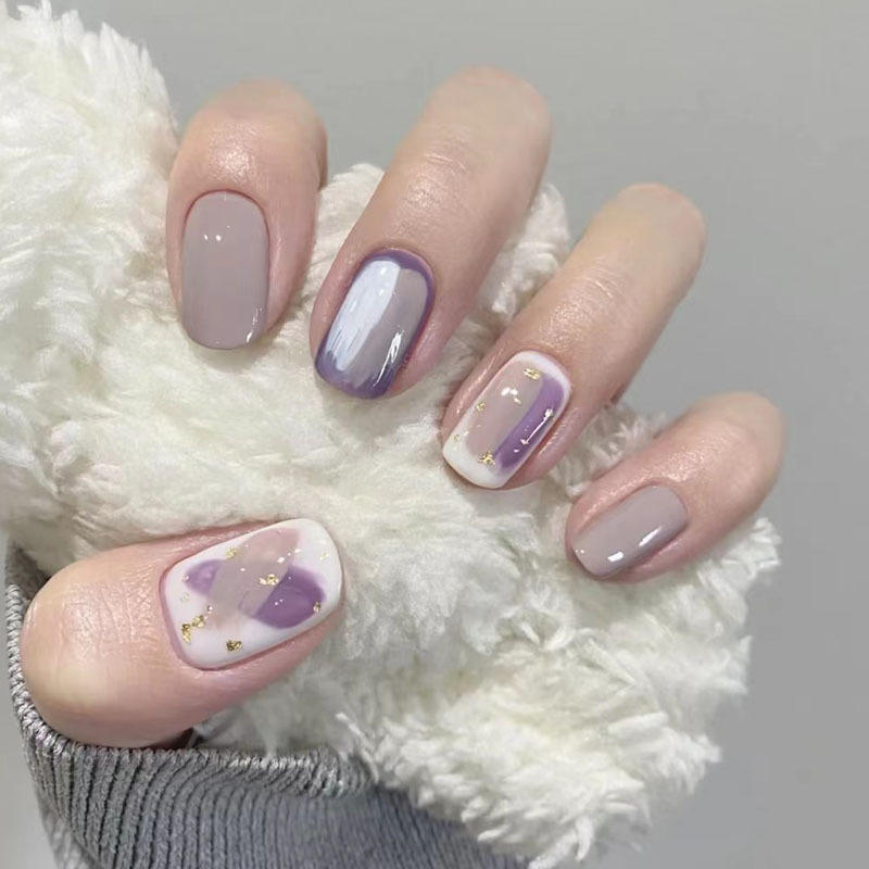 穿戴甲高级感短款香芋色涂鸦美甲成品假指甲贴片美甲可拆卸果冻胶