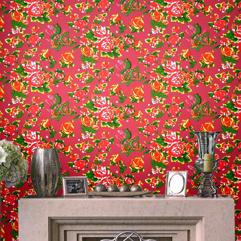 东北风格大花布大红花印花墙纸 中式饭店民俗特色饺子馆饭馆