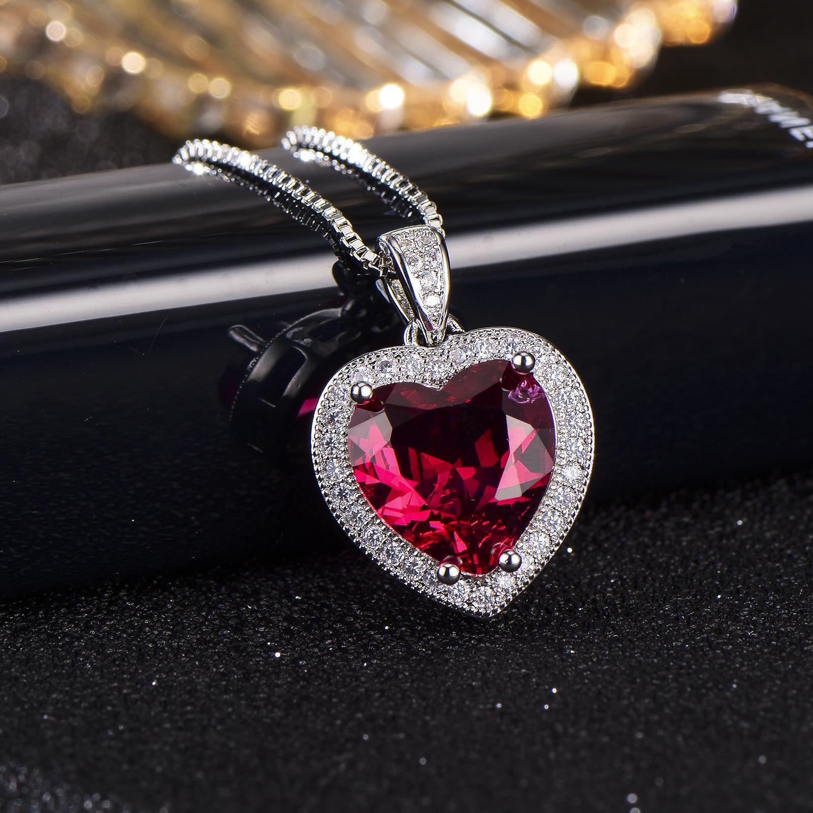 新款大夸张欧美心形仿真红宝石碧玺围镶锆石爱心吊坠女 时尚项链
