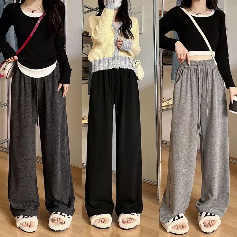 Glutinous Rice Pants Wide-Leg Pants for Women 2023 Autumn High Waist Loose and Slimming Draped Casual Pants Idle Style Knitted Mop Pants