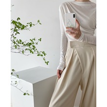 潮ins韩版女神范气质高出镜率高阶造型斜门襟魔术贴杏白色西装裤