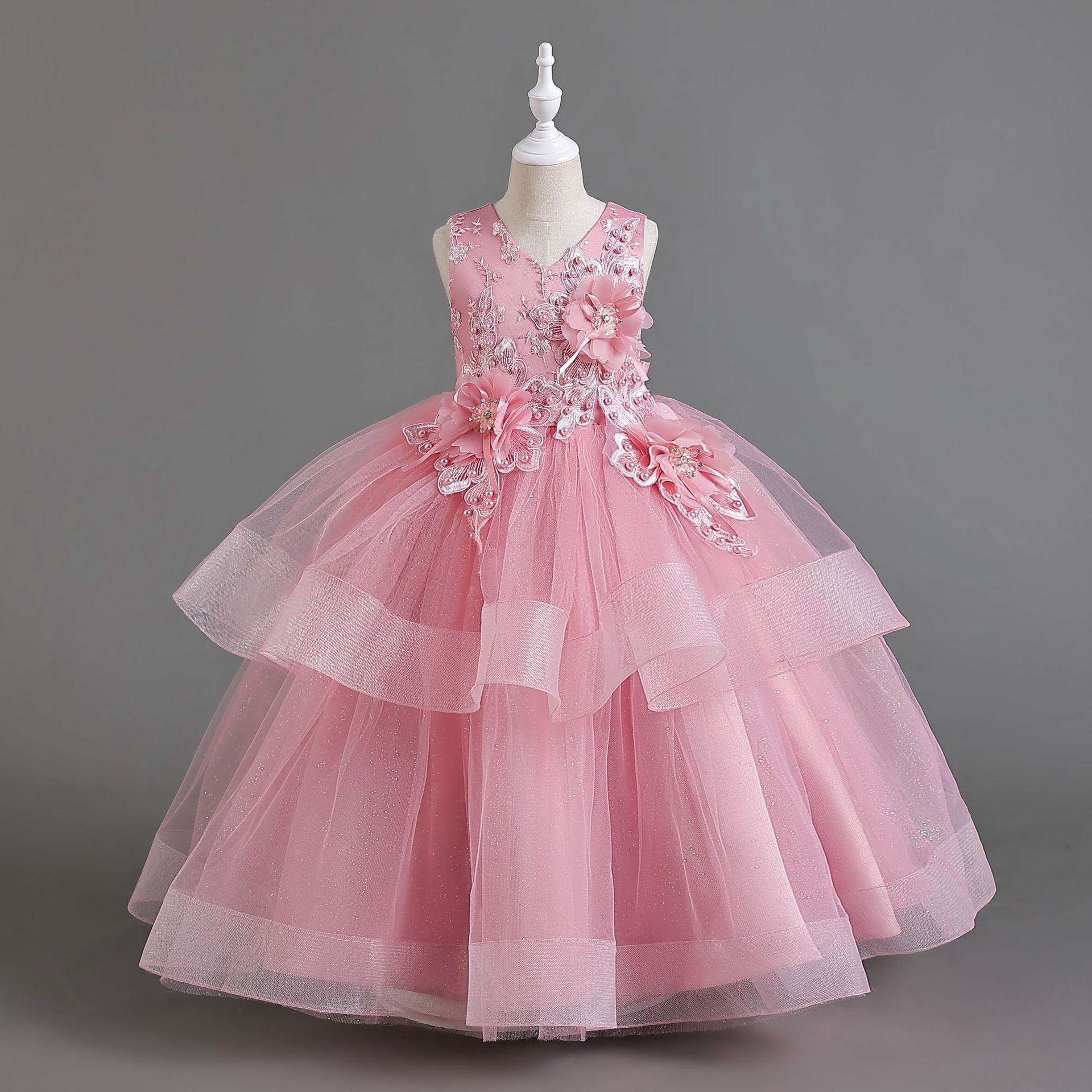 外贸长裙儿童礼服珍珠花朵婚纱公主裙女花童生日连衣裙girl dress