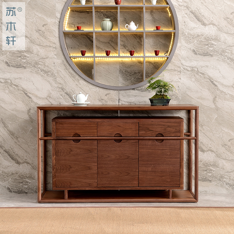 新中式实木餐边柜禅意简约储物收纳柜装饰柜黑胡桃木门厅玄关柜