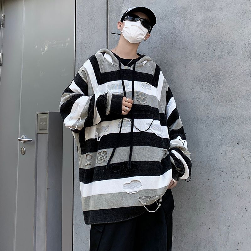 American Pu Shuai Striped Sweater Men's Autumn and Winter Fashion Brand Design Sense Ripped Sweater Loose Couple Hooded Coat