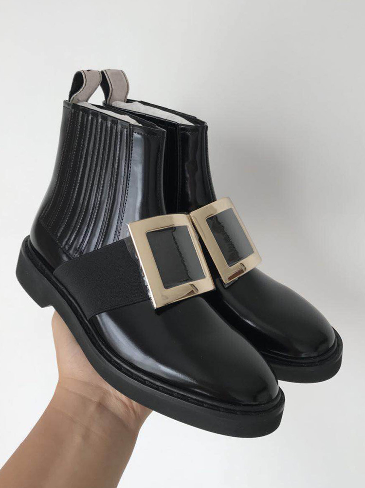 高定版 秋冬新款rv水钻方扣马丁靴女 英伦风平底真皮切尔西靴裸靴