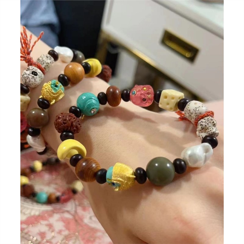 原创设计阿呆多宝串单圈手链配菱镁矿星月崖柏金糕玉文玩饰品t498