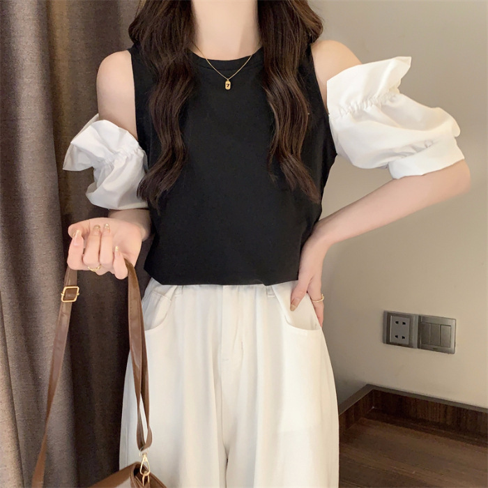 2023 Summer New Korean Style Short Sleeve T-shirt Women's off-Shoulder Fresh Sweet Ruffle Sleeve Casual Hong Kong Style Shirt