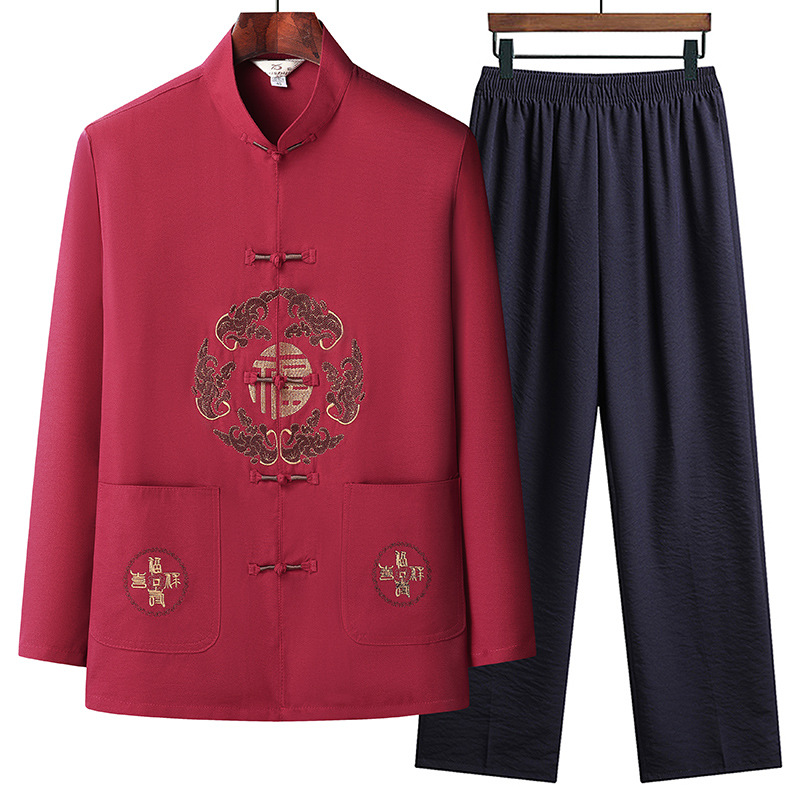中国风长袖套装春秋季新款中老年爸爸夏季晨练服中年男士唐装汉服