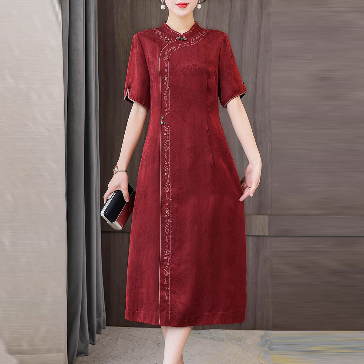 香云纱改良旗袍真丝连衣裙女短袖中年妈妈喜婆婆婚宴装平时可穿