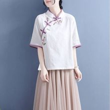 茶艺服女装禅意2023风绣花半袖女盘扣中式改良夏仿棉麻茶汉服直发