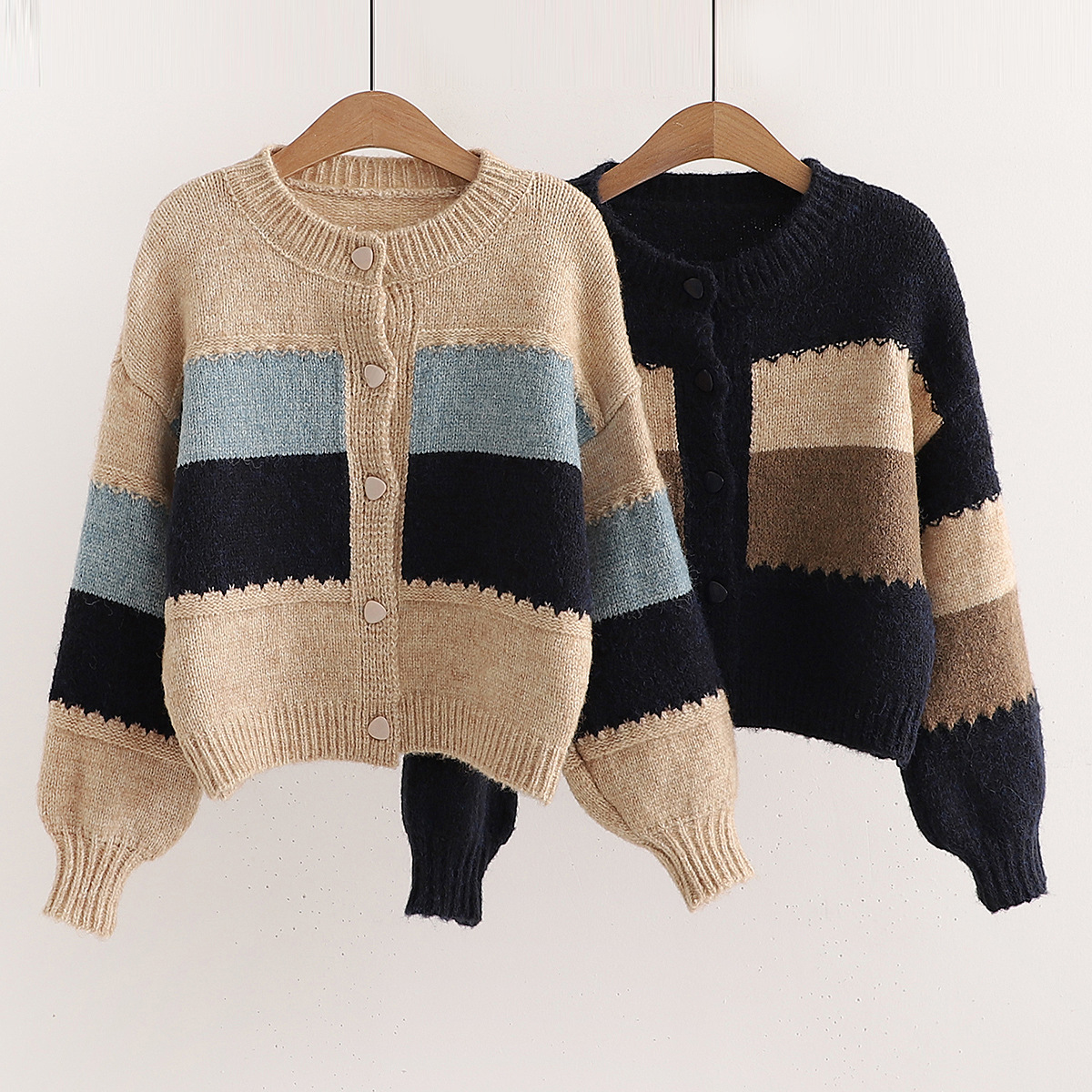 拼色长袖针织衫开衫毛衣宽松休闲外套 韩版2021秋装新款女2178