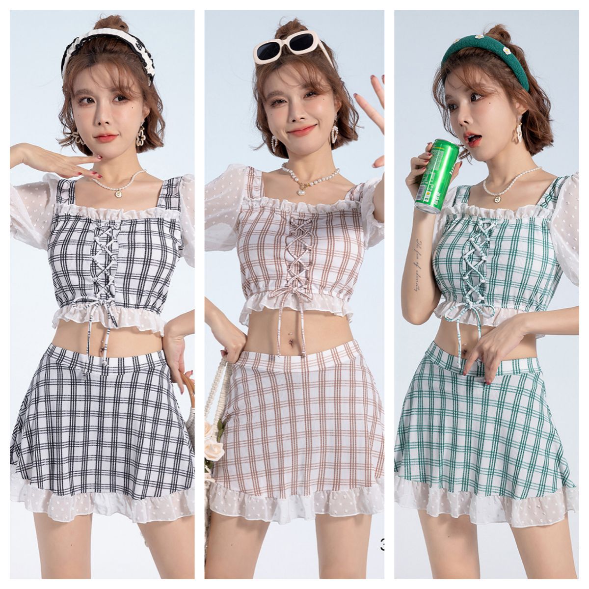 游泳衣女分体保守遮肚显瘦2024新款学生活泼可爱格子温泉泳装批发