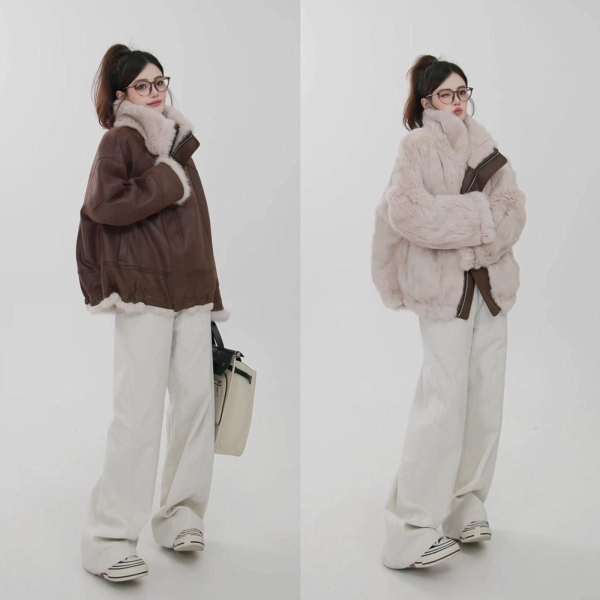 真兔毛两面穿派克服新款外套皮毛獭兔一体冬季皮草女黑加浅灰