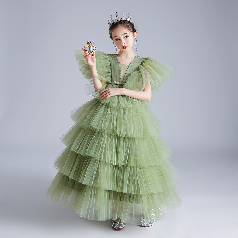 女童生日晚礼服牛油果系钢琴演出服模特小主持走秀花童婚礼公主裙