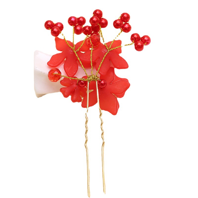 Spring Bridal Headdress U-Shaped Hair Pin Red and White Two-Color Beads Flower Hair Plug Wedding Hair Accessories Wholesale