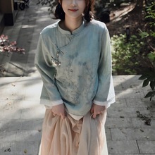 新中式复古刺绣盘扣棉麻衬衫宽松百搭半身裙套装女夏季中国风茶服